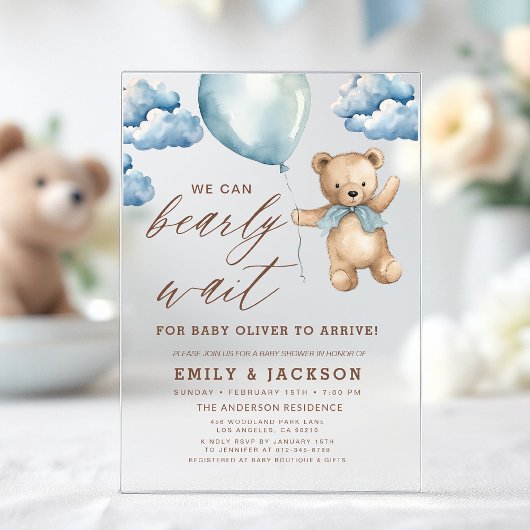 Bearly Wait Neutral Beige & Blue Boy Baby shower Acryl Uitnodigingen