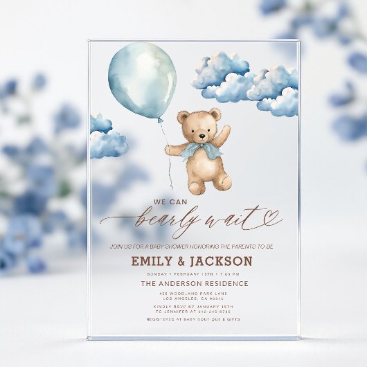 Bearly Wait Neutral Beige & Blue Boy Baby shower Acryl Uitnodigingen