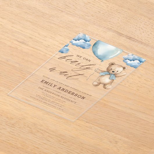 Bearly Wait Neutral Beige & Blue Boy Baby shower Acryl Uitnodigingen (Laagn)