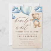 Bearly Wait Neutral Beige & Blue Boy Baby shower Kaart (Voorkant)