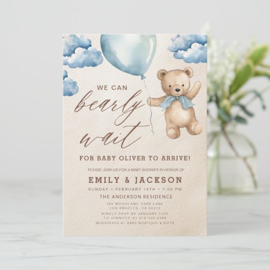 Bearly Wait Neutral Beige & Blue Boy Baby shower Kaart (Staand voorkant)