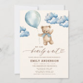 Bearly Wait Neutral Beige & Blue Boy Baby shower Kaart (Voorkant)