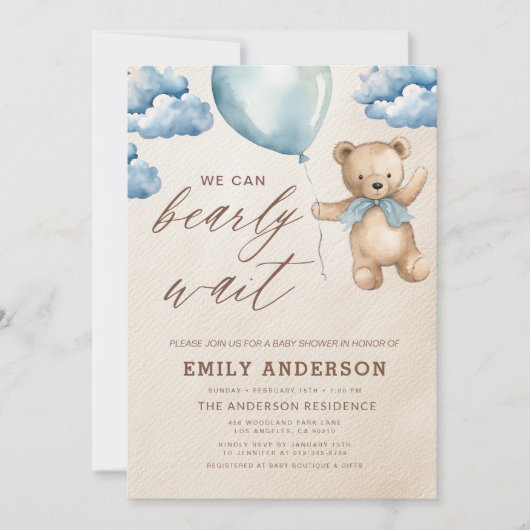 Bearly Wait Neutral Beige & Blue Boy Baby shower Kaart (Voorkant)