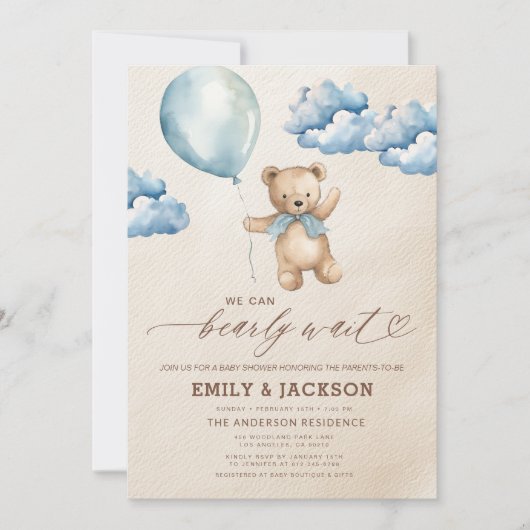 Bearly Wait Neutral Beige & Blue Boy Baby shower Kaart (Voorkant)