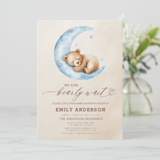 Bearly Wait Neutral Beige & Blue Boy Baby shower Kaart (Staand voorkant)