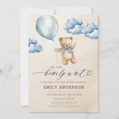 Bearly Wait Neutral Beige & Blue Boy Baby shower Kaart (Voorkant)