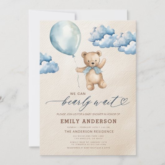 Bearly Wait Neutral Beige & Blue Boy Baby shower Kaart (Voorkant)