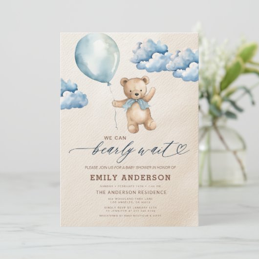 Bearly Wait Neutral Beige & Blue Boy Baby shower Kaart (Staand voorkant)