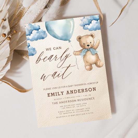 Bearly Wait Neutral Beige & Blue Boy Baby shower Kaart