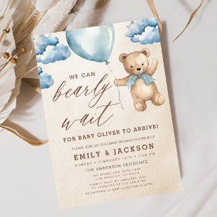 Bearly Wait Neutral Beige & Blue Boy Baby shower Kaart