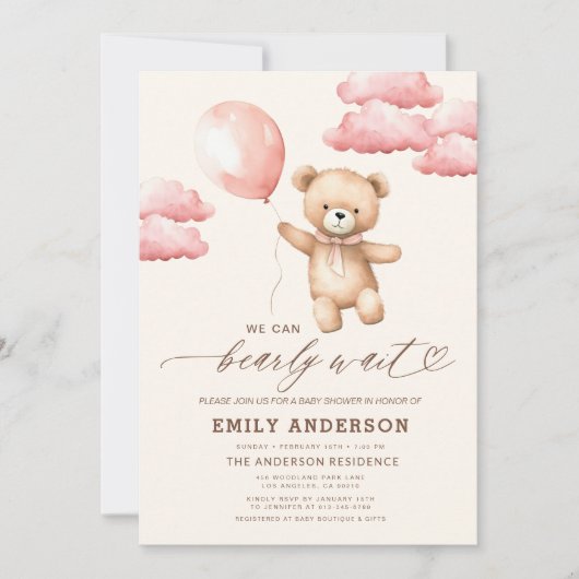 Bearly Wait Neutral Beige & Pink Girl Baby shower Kaart (Voorkant)