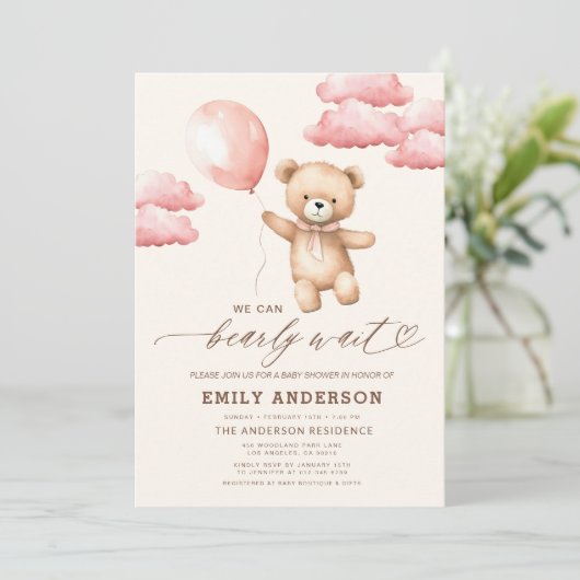 Bearly Wait Neutral Beige & Pink Girl Baby shower Kaart (Staand voorkant)