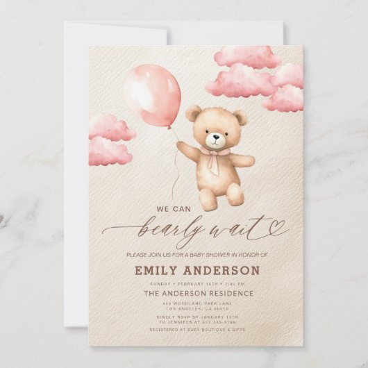 Bearly Wait Neutral Beige & Pink Girl Baby shower Kaart (Voorkant)