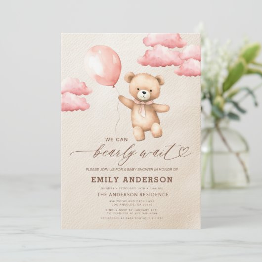 Bearly Wait Neutral Beige & Pink Girl Baby shower Kaart (Staand voorkant)