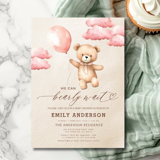 Bearly Wait Neutral Beige & Pink Girl Baby shower Kaart