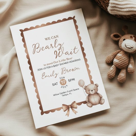 Bearly Wait Neutral Teddy Baby Shower Invitation Kaart