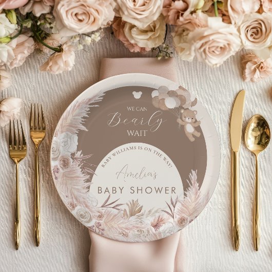 Bearly Wait Neutral Teddy Bear Boho Pampas Papieren Bordje