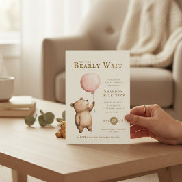 Bearly Wait Pink Balloon Baby Shower QR Code Kaart