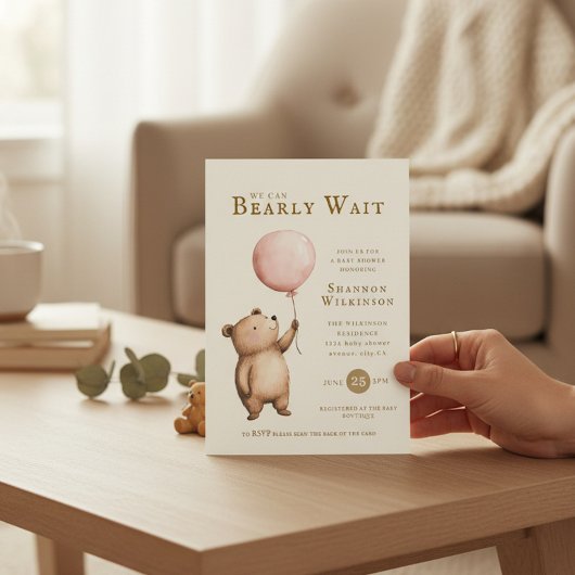 Bearly Wait Pink Balloon Baby Shower QR Code  Kaart