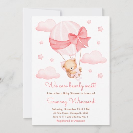 Bearly Wait Pink Balloon Girl Baby shower Kaart (Voorkant)