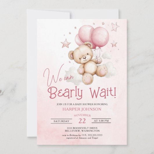 Bearly Wait Pink Balloons Baby shower Kaart (Voorkant)