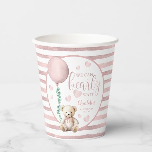 Bearly Wait Pink Teddy Bear Baby shower Cups Papieren Bekers (Voorkant)
