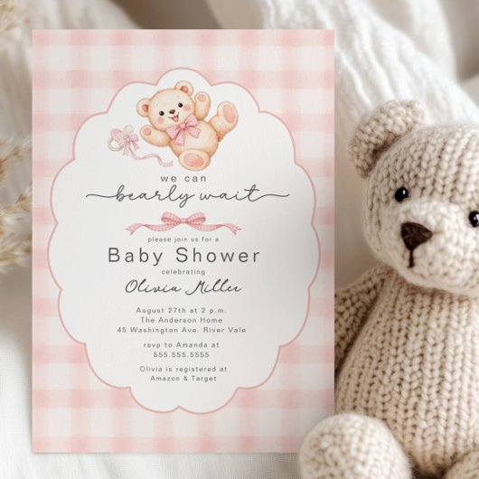Bearly Wait Pink Teddy Bear Baby Shower Invite Kaart