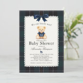 Bearly Wait Polo Bear Plaid Tartan Bow Baby Shower Kaart (Staand voorkant)