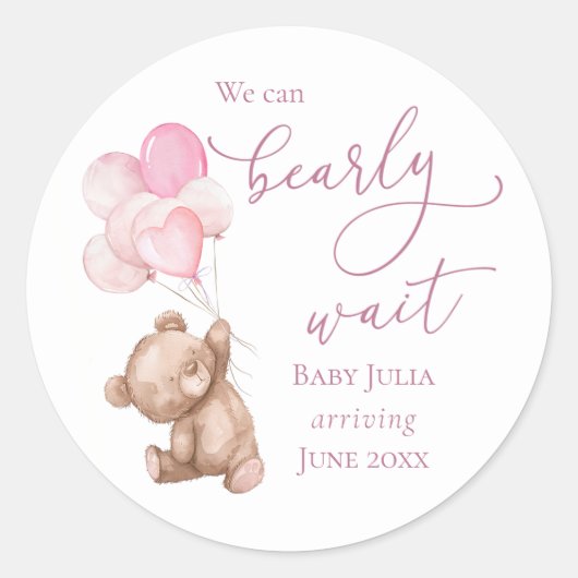 Bearly Wait Roze Teddybeer Baby Shower Ronde Sticker (Voorkant)