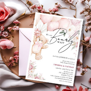 Bearly Wait Roze Teddybeer & Bloemen Meisje Baby S Kaart