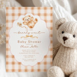 Bearly Wait Teddy Bear Baby Shower Invite Kaart<br><div class="desc">Celebrate the upcoming arrival with this adorable “We Can Bearly Wait” baby shower invitation. This charming design features a sweet watercolor teddy bear with a soft bow and pacifier, set against a warm neutral gingham background and framed with an elegant scalloped border. The cozy farmhouse-inspired style makes it perfect for...</div>