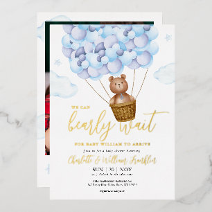 Bearly Wait Teddy Bear Blue Boy Foto Baby shower Folie Uitnodiging