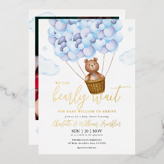 Bearly Wait Teddy Bear Blue Boy Foto Baby shower Folie Uitnodiging (Voorkant / Achterkant)