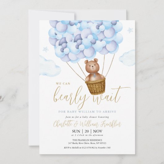 Bearly Wait Teddy Bear Blue Boy Foto Baby shower Kaart (Voorkant)