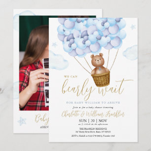 Bearly Wait Teddy Bear Blue Boy Foto Baby shower Kaart