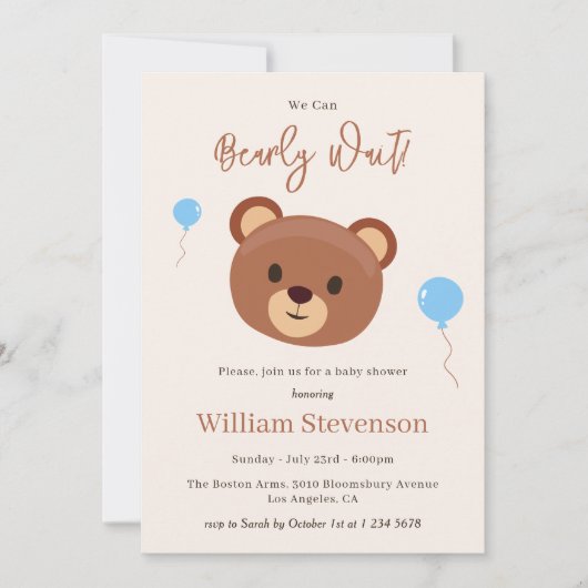 Bearly Wait Teddy Bear Brown Blue Boy Baby shower Kaart (Voorkant)