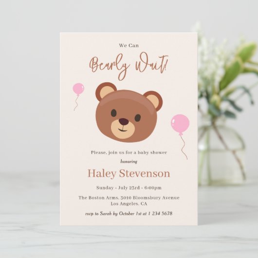 Bearly Wait Teddy Bear Bruin Roze Meisje Baby show Kaart (Staand voorkant)