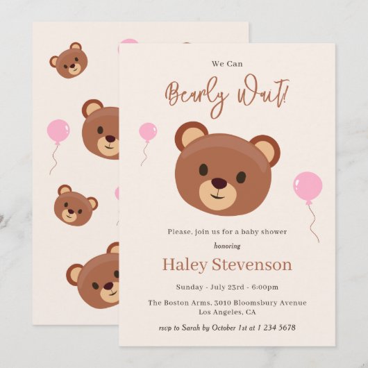 Bearly Wait Teddy Bear Bruin Roze Meisje Baby show Kaart (Voorkant / Achterkant)