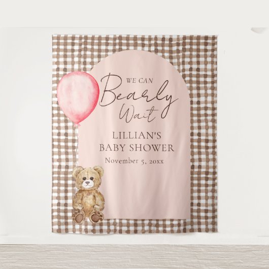 Bearly Wait Teddy Bear Girl Baby Shower Backdrop Wandkleed (Voorkant)