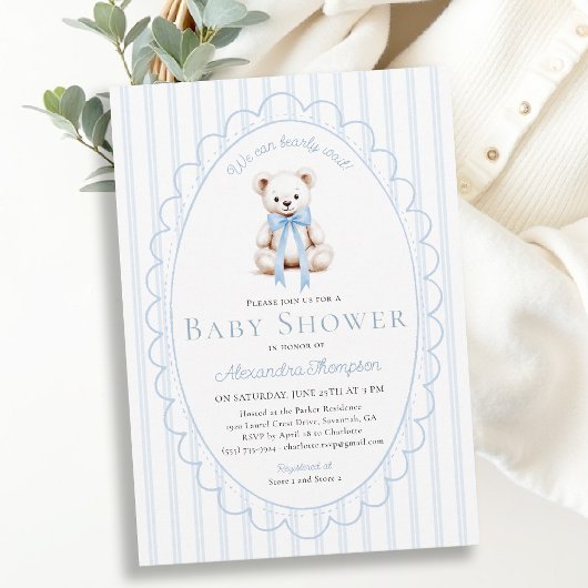 Bearly Wait Teddy Blue Stripes Bow Baby Shower Kaart