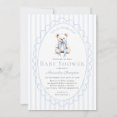 Bearly Wait Teddy Blue Stripes Bow Baby Shower Kaart (Voorkant)