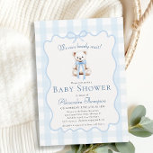 Bearly Wait Teddy Bow Blue Gingham Baby Shower Kaart