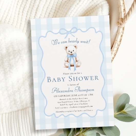 Bearly Wait Teddy Bow Blue Gingham Baby Shower Kaart