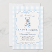 Bearly Wait Teddy Bow Blue Gingham Baby Shower Kaart (Voorkant)