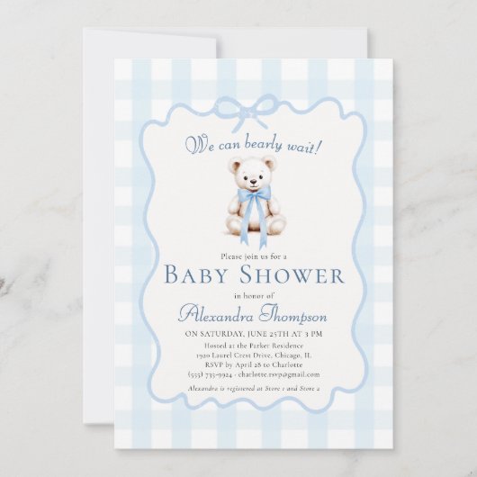 Bearly Wait Teddy Bow Blue Gingham Baby Shower Kaart (Voorkant)