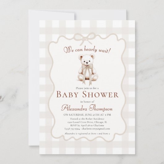 Bearly Wait Teddy Bow Neutral Gingham Baby Shower Kaart (Voorkant)