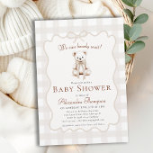 Bearly Wait Teddy Bow Neutral Gingham Baby Shower Kaart