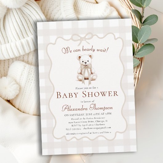 Bearly Wait Teddy Bow Neutral Gingham Baby Shower Kaart