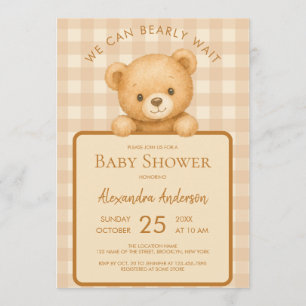 Bearly Wait Teddybeer & Bruine Gingham Baby Shower Kaart