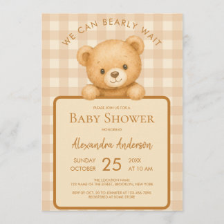 Bearly Wait Teddybeer & Bruine Gingham Baby Shower Kaart